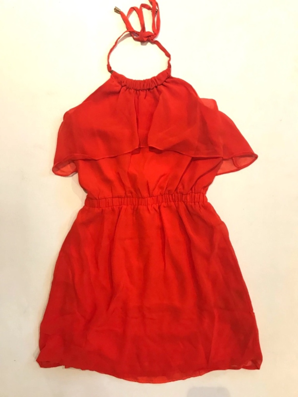 NWT Bebe 2b orange red halter neck embellished stretchy sheer top dress S Small